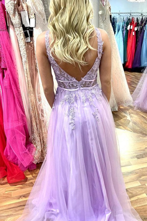 Vestido de fiesta largo de tul lila, sin mangas, con escote en V y apliques de cuentas